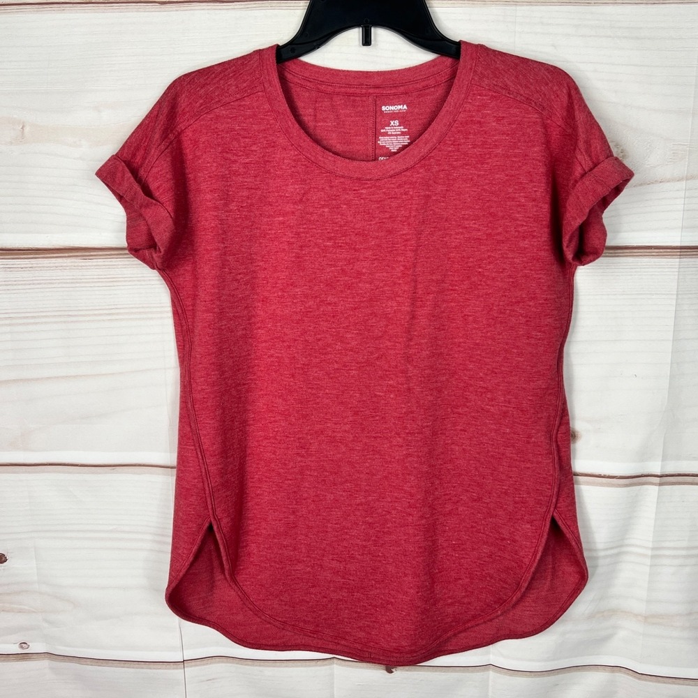 Sonoma Top Womens XS Red Short Cuffed Sleeve T-Shirt Curved Hem Solid Basic